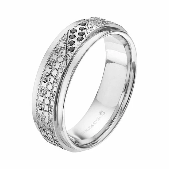 Best Sale โ๏ธ Unbranded Men's Stainless Steel Black Diamond Accent Textured Ring ๐ - Image 2