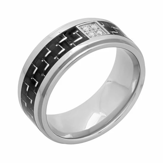 Best deal 🥰 Unbranded Diamond Accent Stainless Steel & Carbon Fiber Geometric Band - Men ❤️ - Image 2