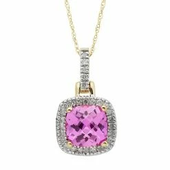 Discount ❤️ Unbranded Lab-Created Pink Sapphire & 1/8 Carat T.W. Diamond 10k Gold Halo Pendant Necklace White ⭐