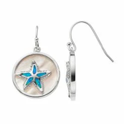Wholesale 🤩 Unbranded Sterling Silver 👩 Mother-of-Pearl & Lab-Created Blue Opal Starfish Disc Drop Earrings 🔔