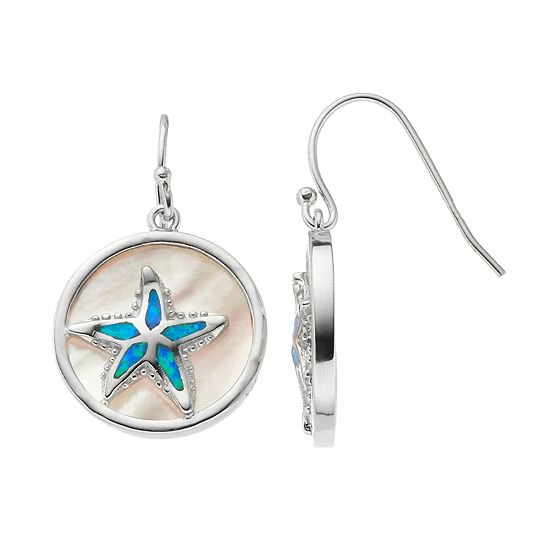 Wholesale ๐คฉ Unbranded Sterling Silver ๐ฉ Mother-of-Pearl & Lab-Created Blue Opal Starfish Disc Drop Earrings ๐