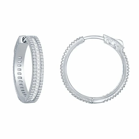 New ⭐ Unbranded Sterling Silver 25 Mm Cubic Zirconia Baguette Hoop Earrings 🤩