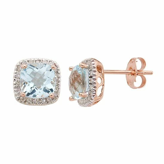 Discount ✔️ Unbranded Sky Blue Topaz And 1/6 Carat T.W. Diamond 10K Gold Halo Button Stud Earrings Rose 😍 - Image 2