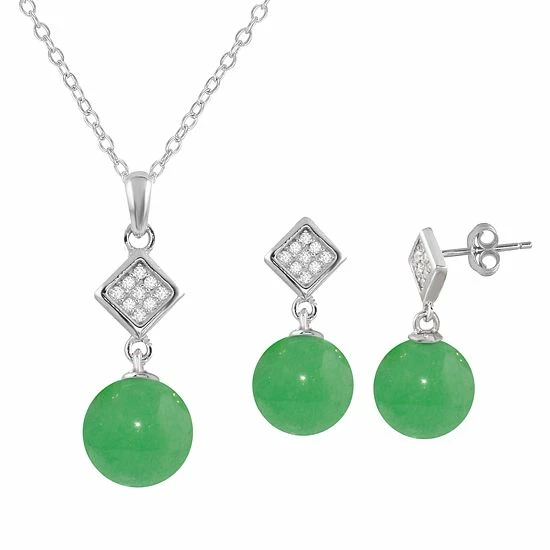 Coupon 🔔 Unbranded Onyx Cubic Zirconia Diamond-Shape Earring & Pendant Necklace Set Green Jade ❤️ - Image 3