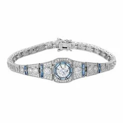 Best deal 🎁 Unbranded Sterling Silver Clear & Blue Cubic Zirconia Art Deco Link Bracelet ✨