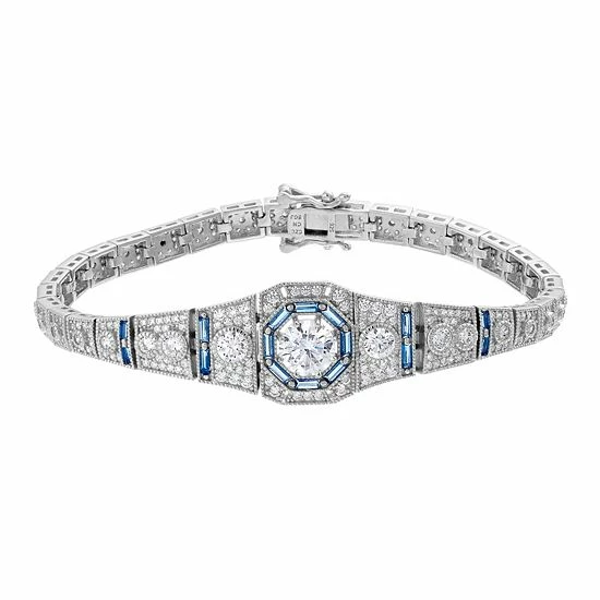 Best deal 🎁 Unbranded Sterling Silver Clear & Blue Cubic Zirconia Art Deco Link Bracelet ✨