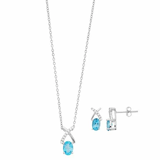Best Sale ๐งจ Unbranded ๐ฉ Women's 7mm X 5mm Oval Blue Topaz Pendant And 6mm X 4mm Oval Blue Topaz Earrings Set In Sterling Silver ๐