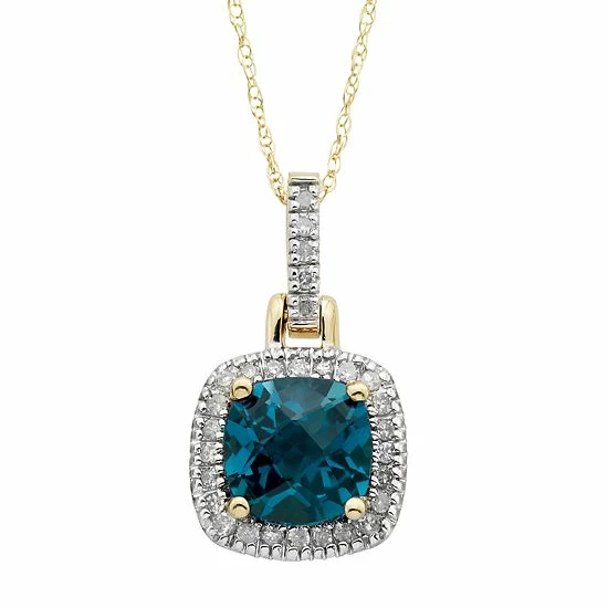 Budget 🎉 Unbranded London Blue Topaz & 1/8 Carat T.W. Diamond 10k Gold Halo Pendant Necklace Rose ✨