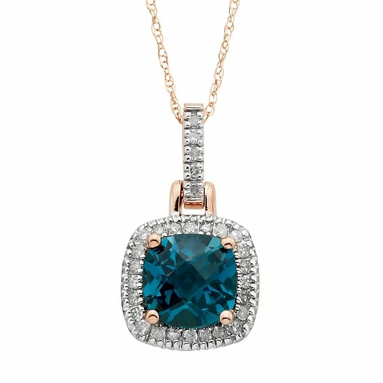 Budget 🎉 Unbranded London Blue Topaz & 1/8 Carat T.W. Diamond 10k Gold Halo Pendant Necklace Rose ✨ - Image 3