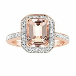 Best Pirce 😀 Celebration Gems 14k Rose Gold Over Silver Emerald Cut Morganite & 1/4 Carat T.W. Diamond Halo Ring 🔥