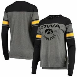 Wholesale 👏 Unbranded 👩 Women's Pressbox Black/Heathered Gray Iowa Hawkeyes Lizzy Flocking Striped Long Sleeve T-Shirt 🎉