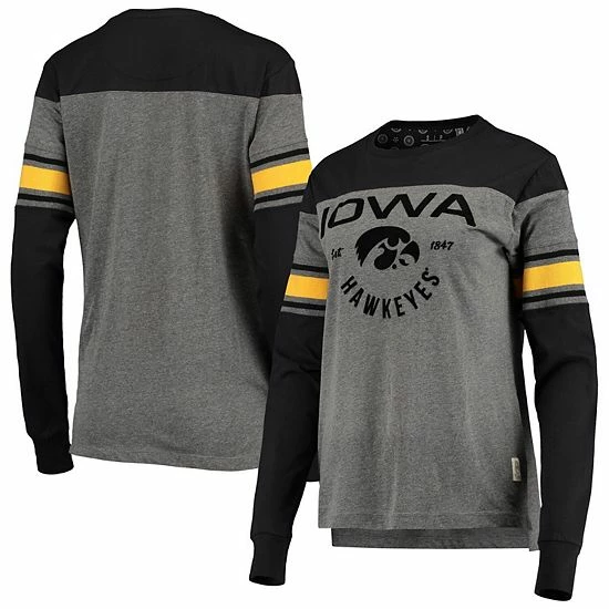 Wholesale ๐ Unbranded ๐ฉ Women's Pressbox Black/Heathered Gray Iowa Hawkeyes Lizzy Flocking Striped Long Sleeve T-Shirt ๐
