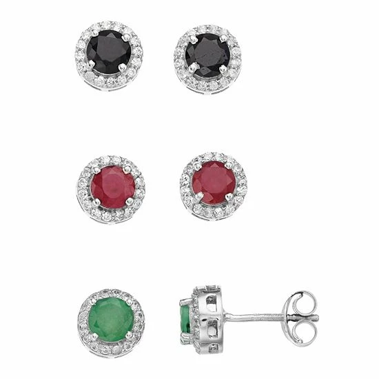 Best deal โ Unbranded Sterling Silver Ruby, Emerald & Sapphire Halo Stud Earring Set ๐