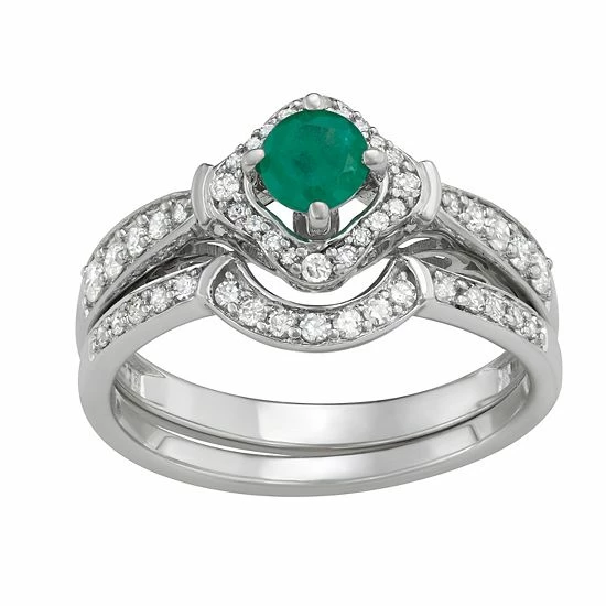Best Sale 🛒 Unbranded 14k White Gold 1/2 Carat T.W. Diamond & Gemstone Halo Engagement Ring Set Emerald 🔔 - Image 6