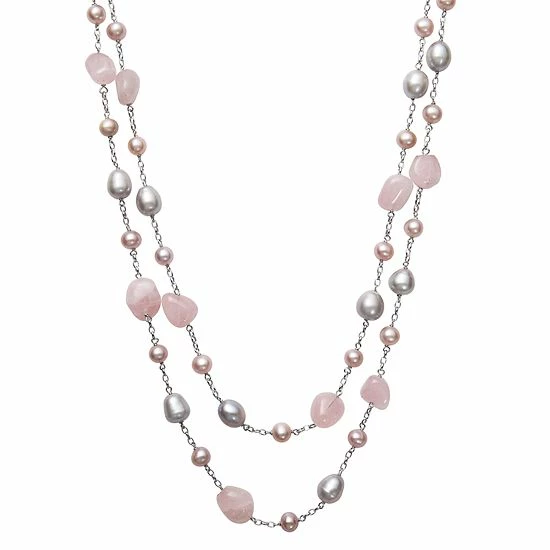 Best Pirce 👍 Unbranded Sterling Silver Rose Quartz & Freshwater Cultured Pearl Double Row Necklace 😀