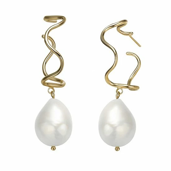 Deals ⭐ Unbranded 14k Gold Sterling Silver Freshwater Cultured Pearl Curvy Hoop Earrings ✨