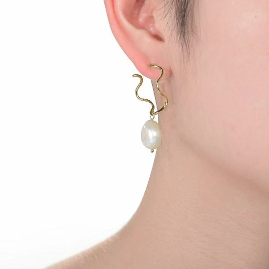 Deals ⭐ Unbranded 14k Gold Sterling Silver Freshwater Cultured Pearl Curvy Hoop Earrings ✨ - Image 2