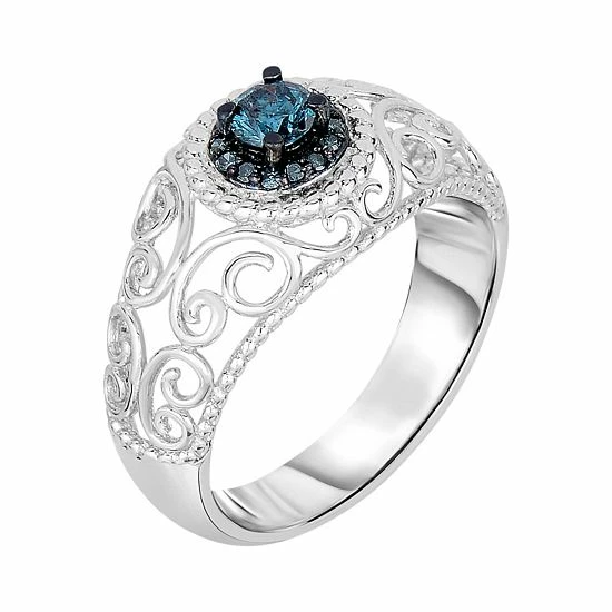 Deals ๐คฉ Unbranded 1/3 Carat T.W. Blue Diamond Sterling Silver Halo Filigree Ring ๐ฅ - Image 2