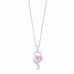 Buy ✔️ Unbranded Sterling Silver Lab-Created Pink & White Sapphire Cat Pendant Necklace ⌛