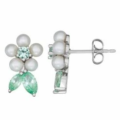 Best deal 👍 Unbranded Sterling Silver Freshwater Cultured Pearl & Lab Created Spinel Floral Earrings ⭐