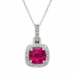 Budget 🔔 Unbranded Lab-Created Ruby & 1/8 Carat T.W. Diamond 10k White Gold Halo Pendant Necklace 💯
