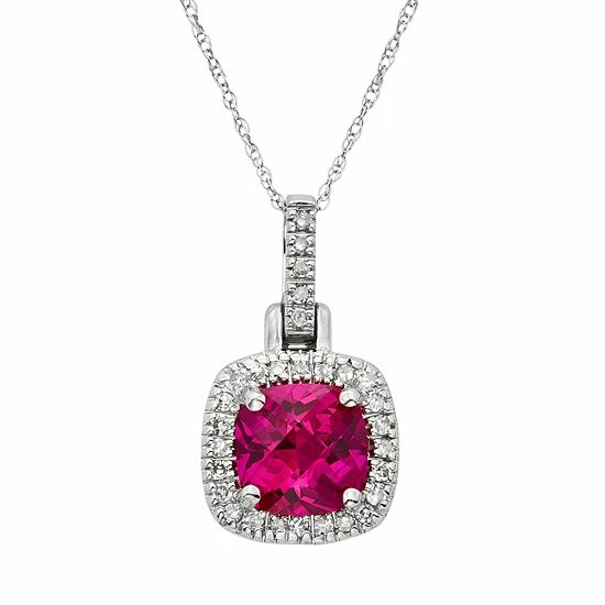 Budget 🔔 Unbranded Lab-Created Ruby & 1/8 Carat T.W. Diamond 10k White Gold Halo Pendant Necklace 💯