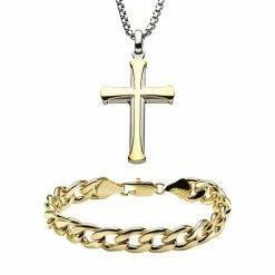 Buy 😍 Unbranded Men's Gold Tone Stainless Steel Cross Pendant Necklace & Curb Bracelet Set 🔔