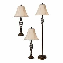 Promo ✨ Unbranded Barclay Lamp Brass Finish Natural Linen Shade Set Of 3 🥰