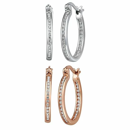 Discount ๐ Unbranded Sterling Silver & Rose Gold Over Silver Cubic Zirconia 2-pair Hoop Earring Set ๐งจ