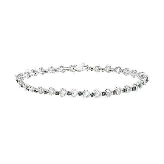 New ✨ Unbranded Sterling Silver 1/6 Carat T.W. Blue Diamond Heart Link Bracelet 🌟