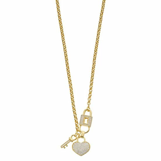 Discount ๐งจ Unbranded 14k Gold Over Silver Cubic Zirconia Heart, Key, & Padlock Charm Necklace โญ