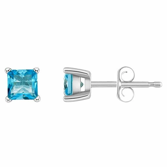 New ⌛ Unbranded 14k Gold 4 Mm Princess Cut Swiss Blue Topaz Stud Earrings 14k Yellow Gold ❤️