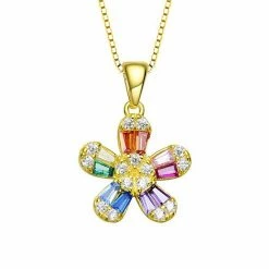 Budget 😀 Unbranded 14k Gold Over Silver Multi Color Cubic Zirconia Baguette Flower Pendant Necklace ⭐