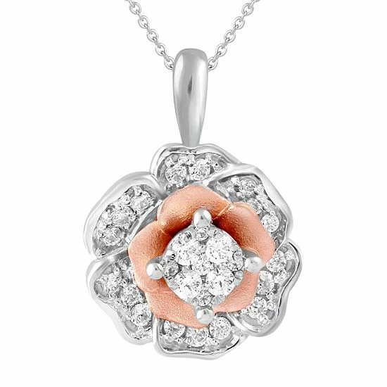 Best Sale ✨ Unbranded 10k Rose Gold Sterling Silver 1/4 Carat T.W. Diamond Floral Cluster Pendant Necklace ⌛ - Image 2