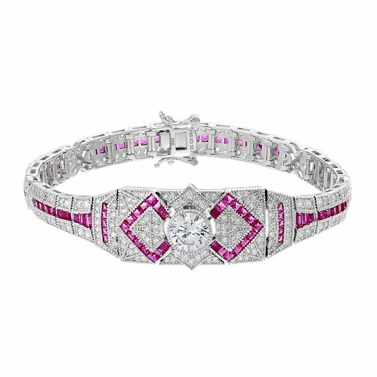 Discount โ Unbranded Sterling Silver Clear Round & Fuchsia Baguette Cubic Zirconia Link Bracelet ๐