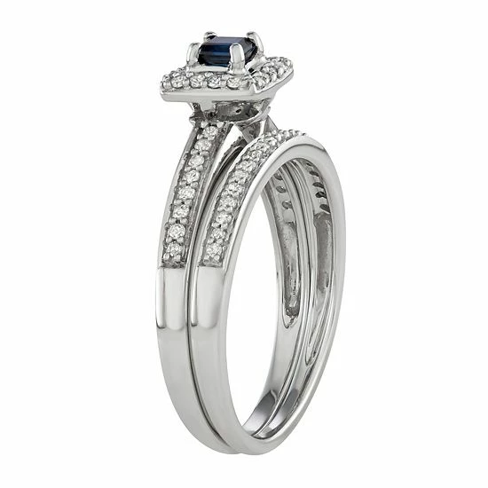 Wholesale 🤩 Unbranded 10k White Gold 1/3 Carat T.W. Diamond & Gemstone Square Halo Engagement Ring Set Blue Sapphire 🌟 - Image 2