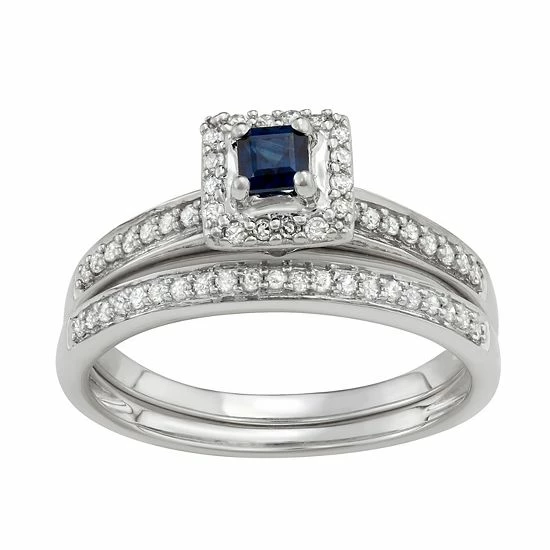 Wholesale 🤩 Unbranded 10k White Gold 1/3 Carat T.W. Diamond & Gemstone Square Halo Engagement Ring Set Blue Sapphire 🌟 - Image 3