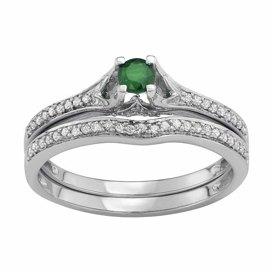 Top 10 ๐ Unbranded 14k White Gold 1/3 Carat T.W. Diamond & Gemstone Engagement Ring Set Emerald โ - Image 4