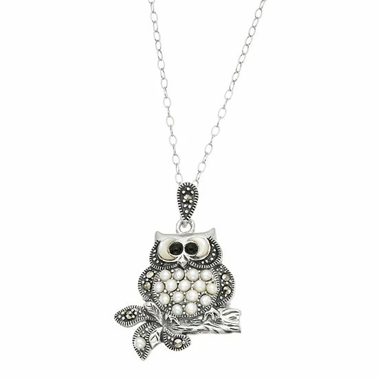 Wholesale ✨ Unbranded Sterling Silver Marcasite, 👩 Mother-of-Pearl & Freshwater Cultured Pearl Owl Pendant/Pin 🌟