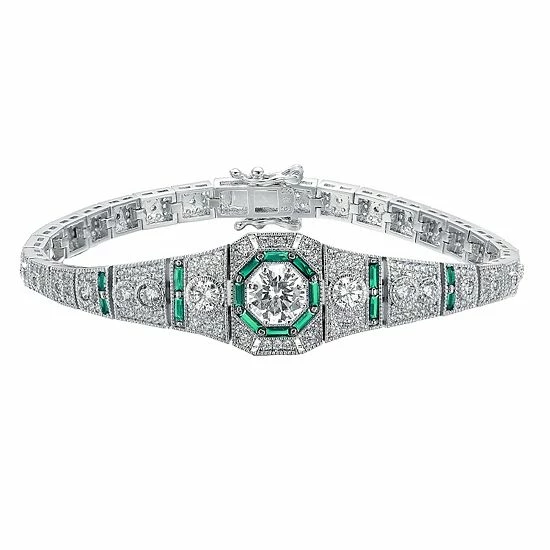 Deals 👍 Unbranded Sterling Silver Round & Green Baguette Cubic Zirconia Link Bracelet 🔥