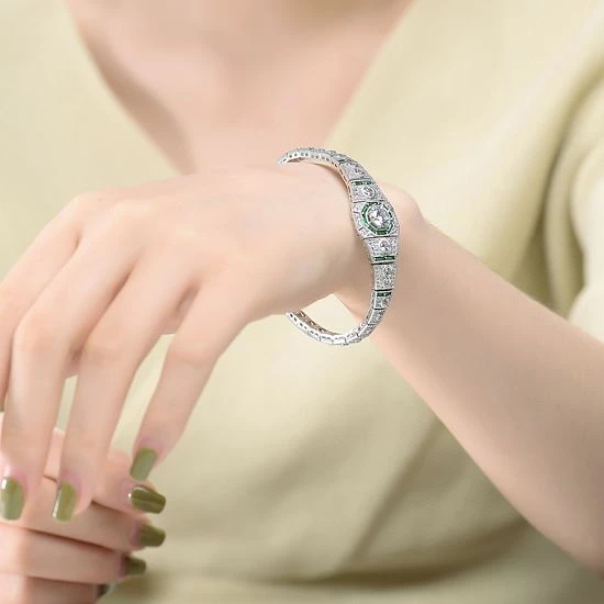 Deals 👍 Unbranded Sterling Silver Round & Green Baguette Cubic Zirconia Link Bracelet 🔥 - Image 2