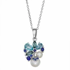 Wholesale 😍 Unbranded Freshwater Cultured Pearl, Blue Topaz & Lab Created Sapphire Cluster Pendant Necklace 🌟