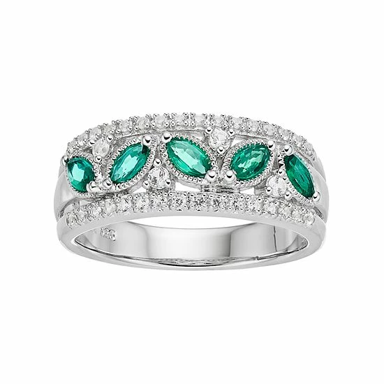 Hot Sale 🌟 Unbranded Sterling Silver Lab-Created Emerald & White Sapphire Multi Row Ring 🛒