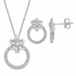 New ✨ Unbranded Sterling Silver Cubic Zirconia Flower Circle Pendant Necklace & Stud Earring Set ⌛