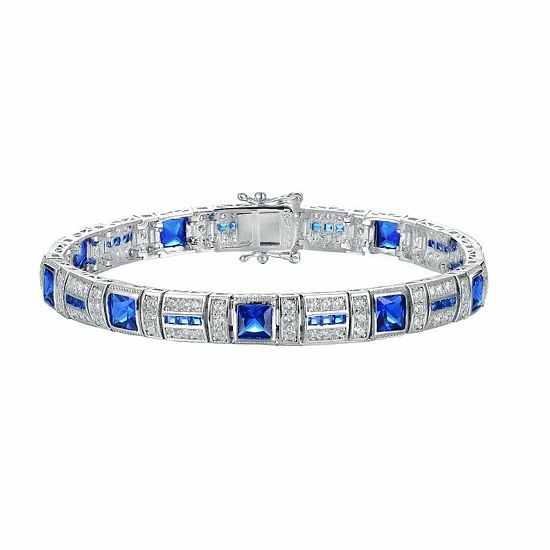 Discount ✔️ Unbranded Sterling Silver & Blue Cubic Zirconia Square Link Bracelet 🔥