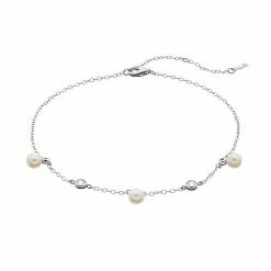 Buy 👏 Unbranded Sterling Silver Freshwater Cultured Pearl & Lab Created White Sapphire Station Anklet 🎁