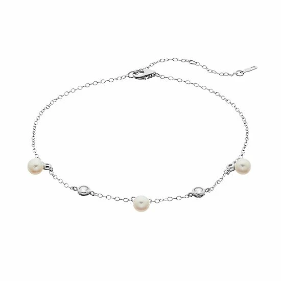 Buy ๐ Unbranded Sterling Silver Freshwater Cultured Pearl & Lab Created White Sapphire Station Anklet ๐