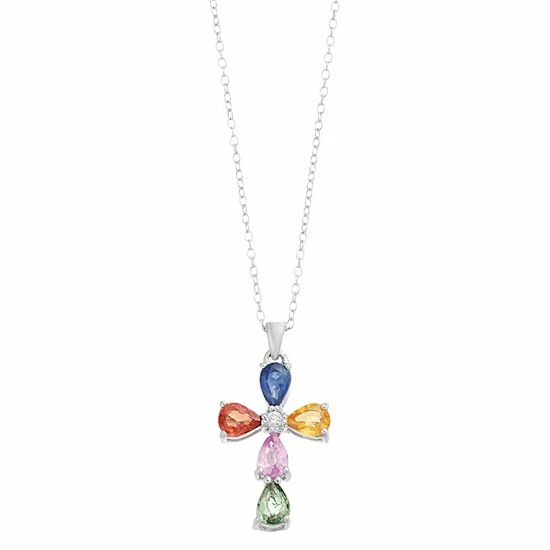 Coupon ๐ Unbranded Sterling Silver Multi Sapphire & White Zircon Cross Pendant Necklace ๐ฏ
