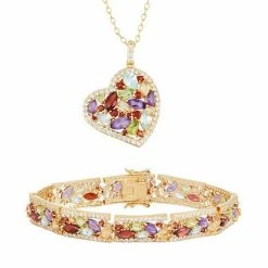 Outlet 👏 Unbranded Gemstone 18k Gold Over Bronze Heart Pendant Necklace & Bracelet Set 💯