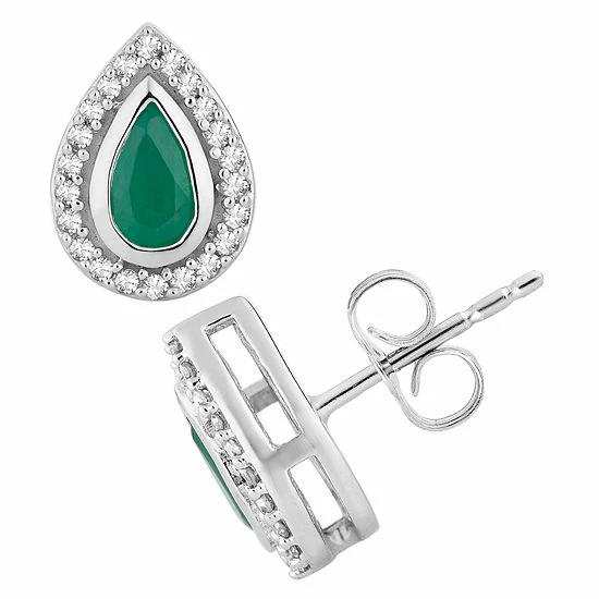 Coupon 💯 Unbranded 10k White Gold Emerald & 1/8 Carat T.W. Diamond Teardrop Halo Stud Earrings ⌛